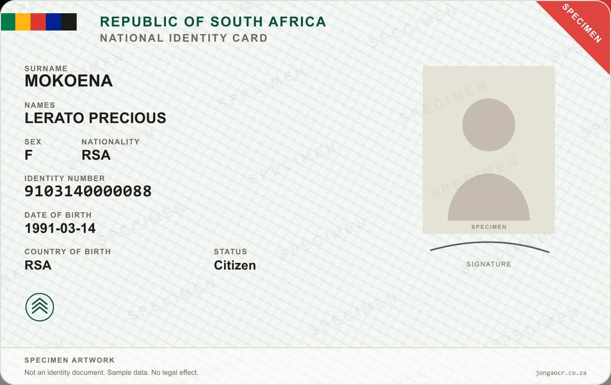 Smart ID, front, a specimen document showing the sample data returned by /api/v1/ocr/sa-id-smart-front.